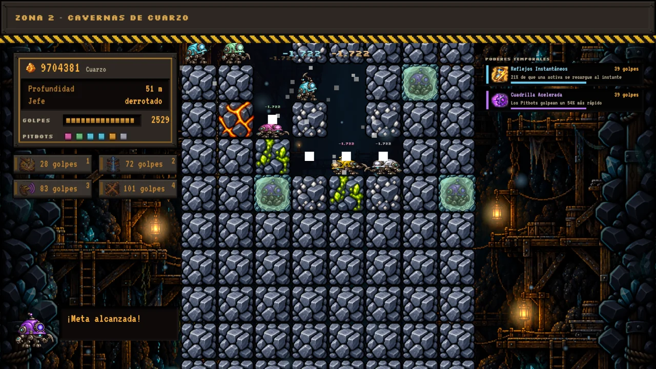Mining an expedition in the Quartz Caverns, with Pitbots digging and lava pockets in the rock